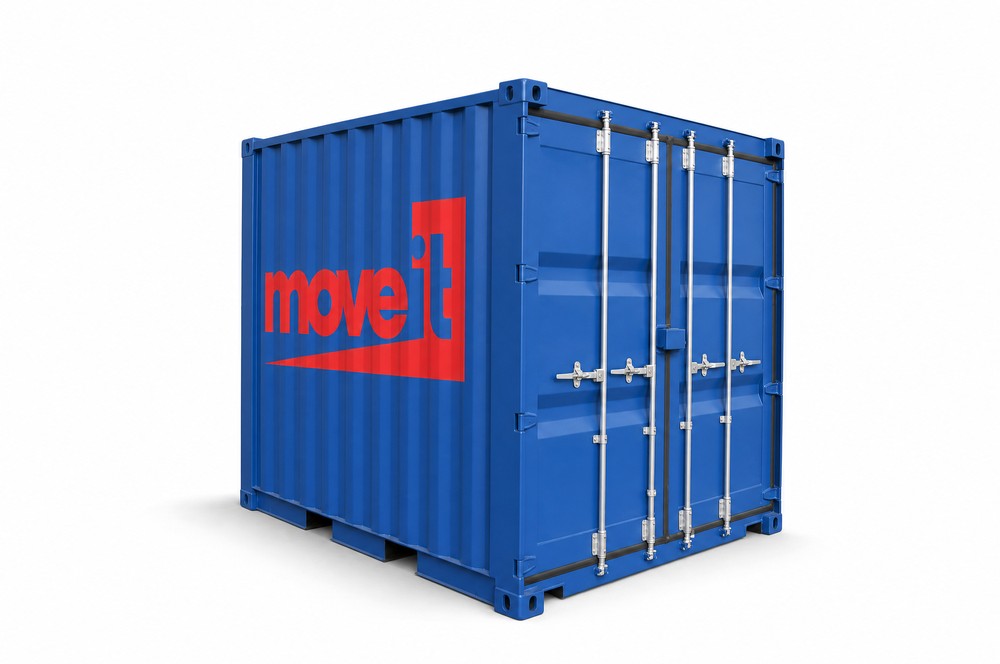 Blå Move-it flyttecontainer og lagercontainer på 8 fot